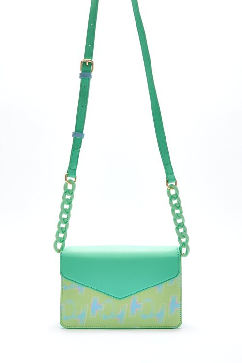 House Of Holland Cross Body Bag In Mint And Pistachio With A Logo Print And Chain Detail Strap