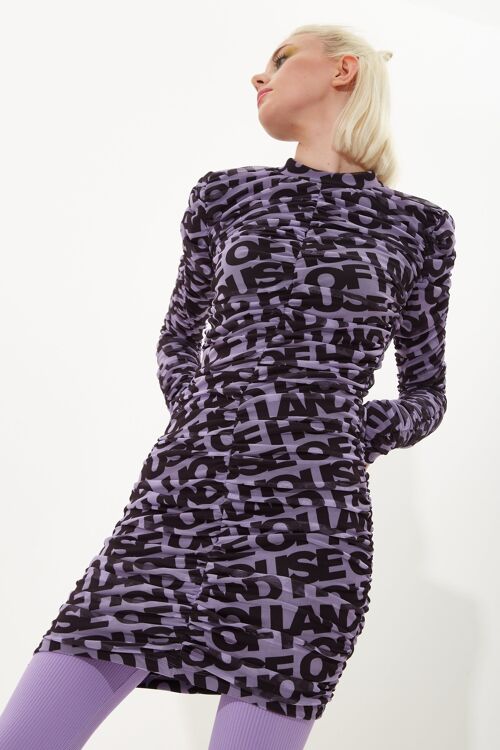 House of Holland rouched mesh long sleeve printed mini dress in purple and black