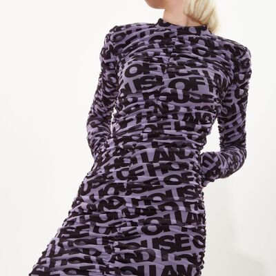 House of Holland - Robe courte imprimée à manches longues en tulle froncée - Violet et noir