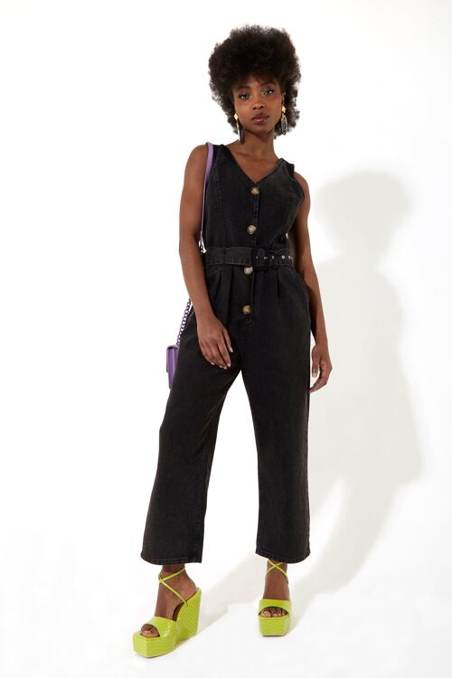 House of Holland black 90’s look denim jumpsuit with a belt and tortoise shell buttons