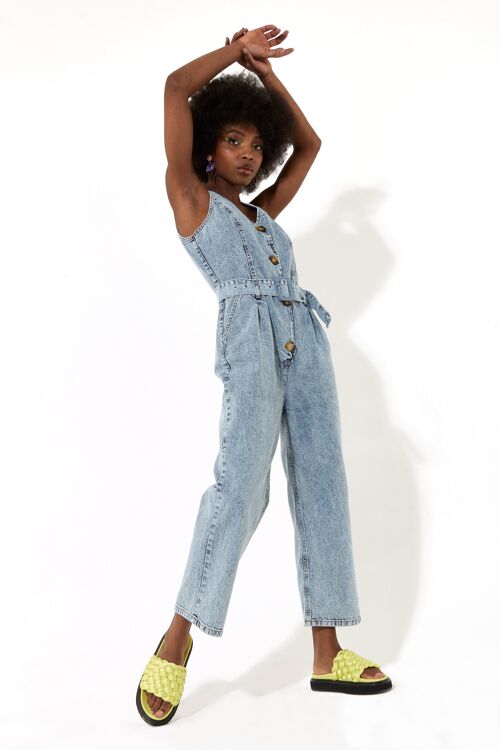 House of Holland blue 90’s look denim jumpsuit with a belt and tortoise shell buttons