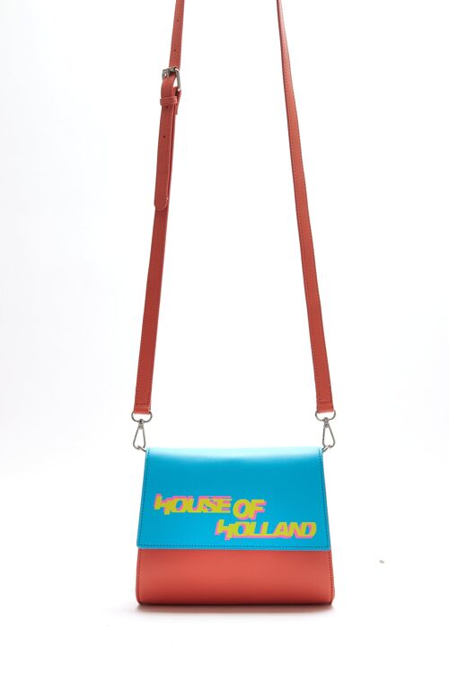 House Of Holland Cross Body Bag In Orange And Blue With A Printed Logo