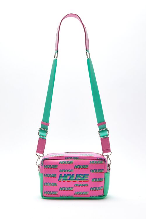 House Of Holland Cross Body Bag In Pink And Mint With ‘House’ Print