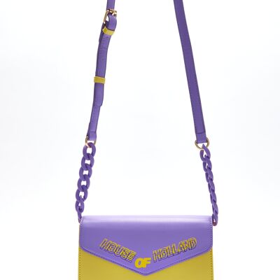 House Of Holland Cross Body Bag In Purple And Yellow With A Chain Detail Strap And Printed Logo