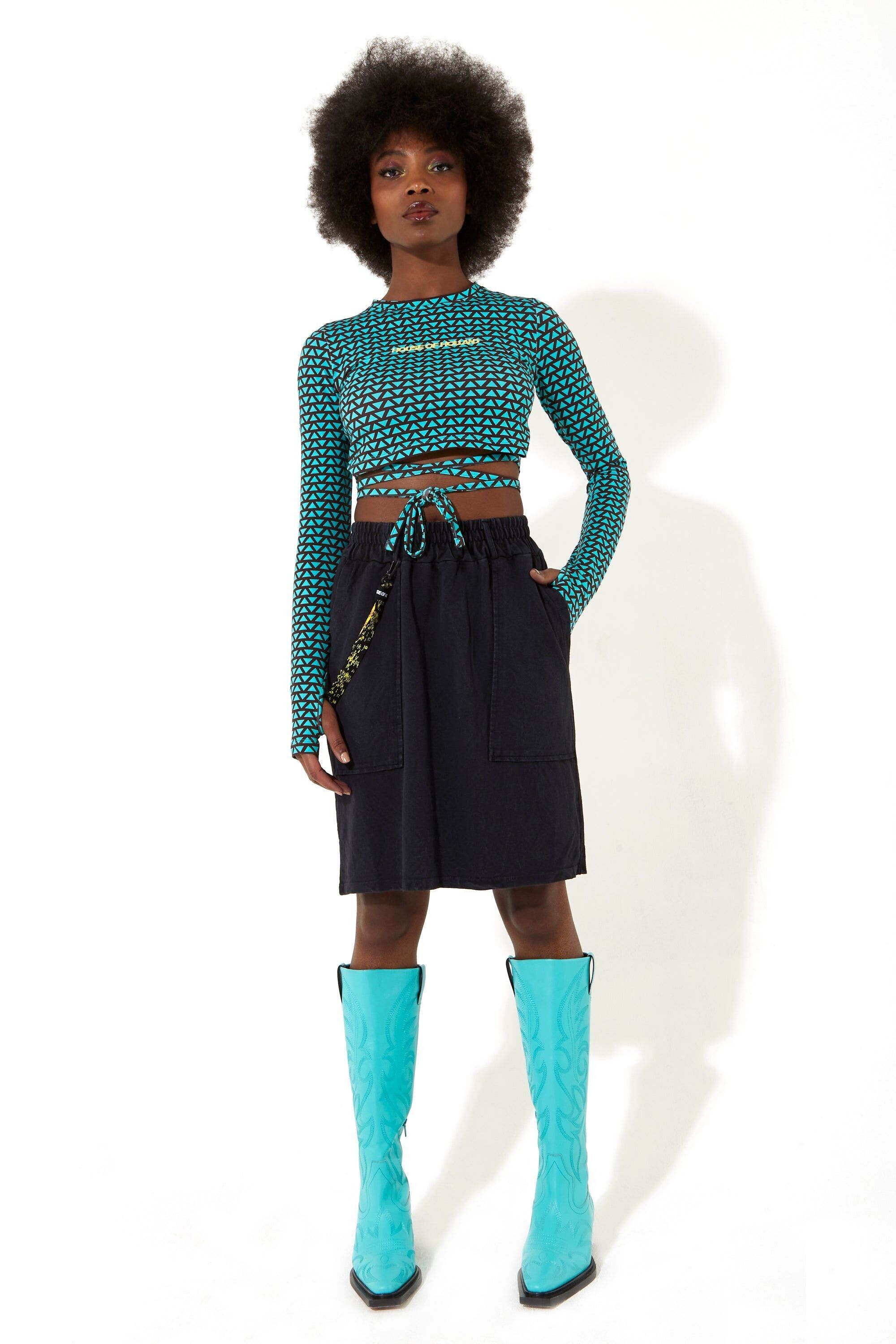 CROP TOP CON STAMPA GEOMETRICA HOUSE OF HOLLAND IN VERDE E MARRONE