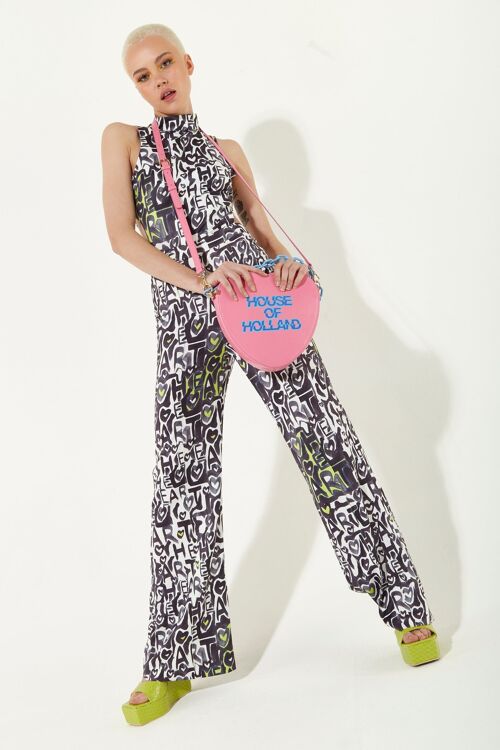 House Of Holland Heart Shape Cross Body Bag In Pink With A Chain Detail And Printed Logo