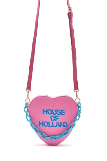 House Of Holland - Sac bandoulière en forme de cœur avec détail chaîne et logo imprimé - Rose 2