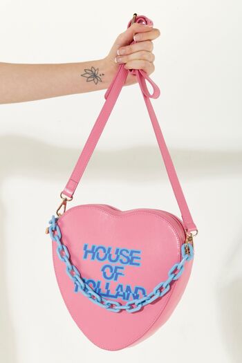 House Of Holland - Sac bandoulière en forme de cœur avec détail chaîne et logo imprimé - Rose 6