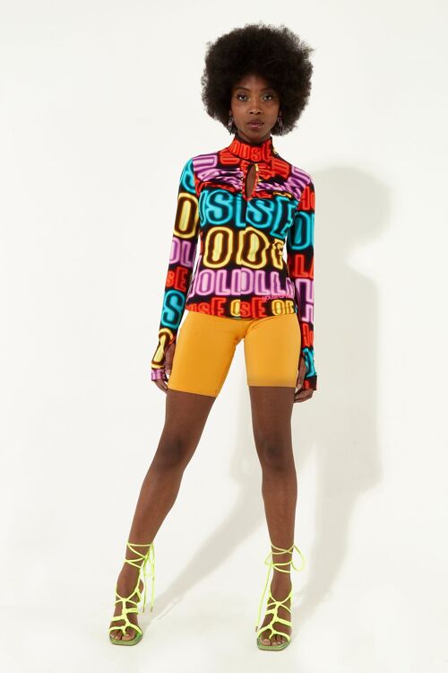 House of Holland High neck multi colour neon light print jersey top with thumb holes and a key hole cut out