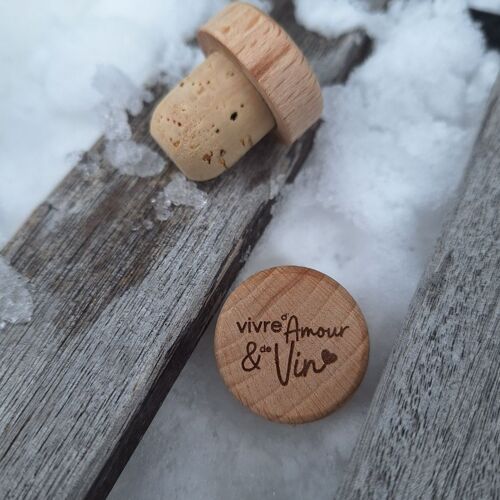 Bouchon de bouteille en bois Vivre d'amour et de Vin