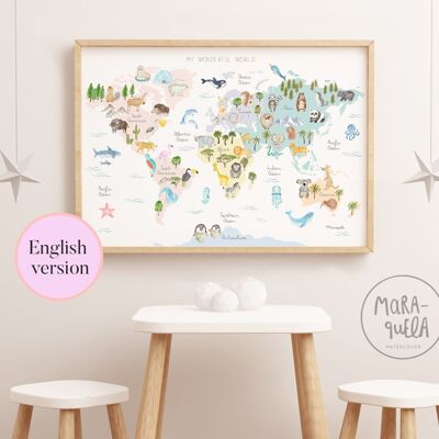 Kinderbild der Welt mit Tieren - ENGLISCHE Version
