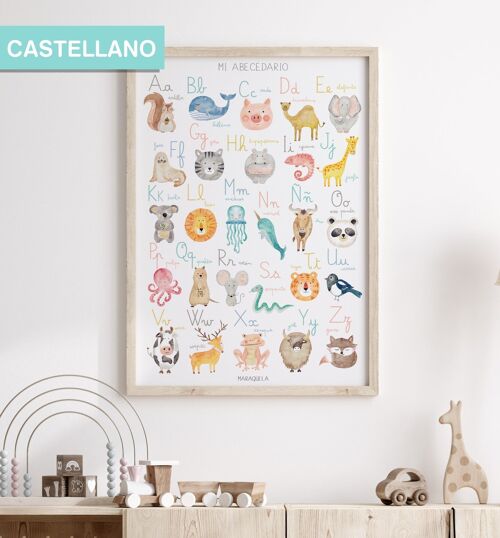 Lámina Abecedario infantil en CASTELLANO/  Mi Abecedario / Ilustración del alfabeto en lengua española para la decoración unisex de bebés y niños