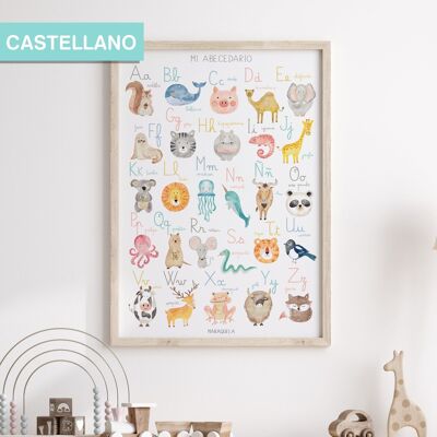 Lámina Abecedario infantil en CASTELLANO/  Mi Abecedario / Ilustración del alfabeto en lengua española para la decoración unisex de bebés y niños