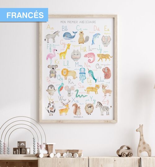 Lámina Abecedario infantil en FRANCÉS/ "Mon Abécédaire" / Ilustración del alfabeto en lengua francesa para la decoración unisex de bebés y niños