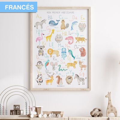 Lámina Abecedario infantil en FRANCÉS/ "Mon Abécédaire" / Ilustración del alfabeto en lengua francesa para la decoración unisex de bebés y niños