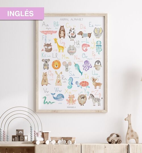 Lámina Alfabeto infantil de animales/ Versión INGLÉS/ "Animal Alphabet" / Ilustración infantil del alfabeto en lengua inglesa para la decoración unisex de bebés, niños y recién nacidos
