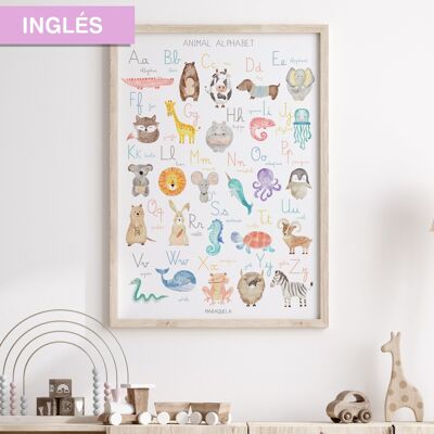 Lámina Alfabeto infantil de animales/ Versión INGLÉS/ "Animal Alphabet" / Ilustración infantil del alfabeto en lengua inglesa para la decoración unisex de bebés, niños y recién nacidos