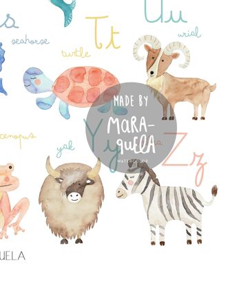 Impression alphabet animaux pour enfants / Version ANGLAISE / "Alphabet animaux" / Illustration enfantine de l'alphabet en anglais pour la décoration unisexe des bébés, enfants et nouveau-nés 7