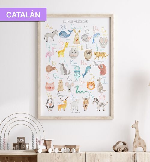 Lámina Abecedario infantil CATALÁN/ El meu Abecedari / Ilustración del Alfabeto infantil de animales en lengua catalana para la decoración unisex.
