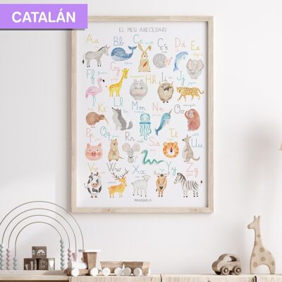 Lámina Abecedario infantil CATALÁN/ El meu Abecedari / Ilustración del Alfabeto infantil de animales en lengua catalana para la decoración unisex.