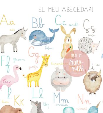 Feuille d'alphabet pour enfants CATALAN / El meu Abecedari / Illustration de l'alphabet pour enfants des animaux en langue catalane pour décoration unisexe. 7