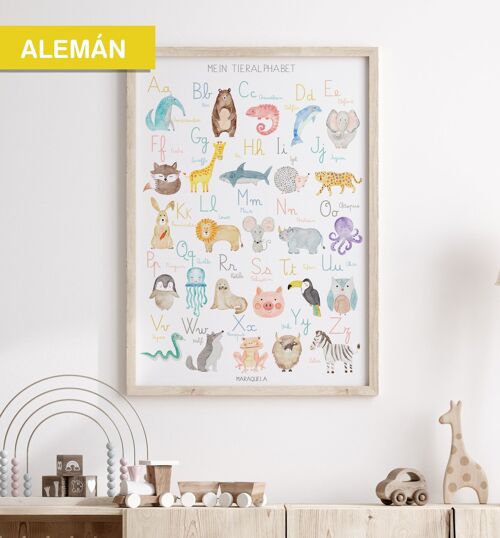 Lámina Abecedario infantil en ALEMÁN/ Mein Tieralphabet / Ilustración infantil del alfabeto en lengua alemana con animales / Diseño único en acuarela