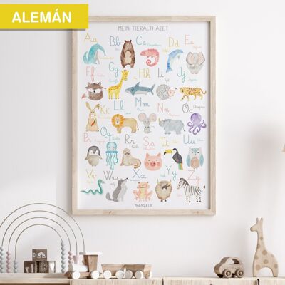 Lámina Abecedario infantil en ALEMÁN/ Mein Tieralphabet / Ilustración infantil del alfabeto en lengua alemana con animales / Diseño único en acuarela