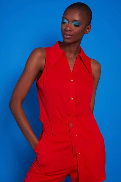 Red Silk Blend Sleeveless Shirt