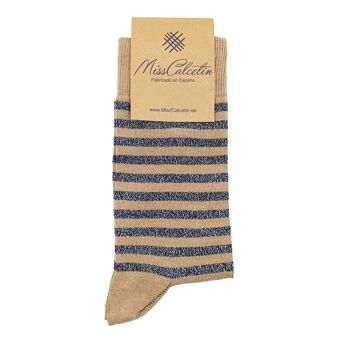 Miss Brilli Chaussettes basses Brilli fines rayures bleu marine camel 1