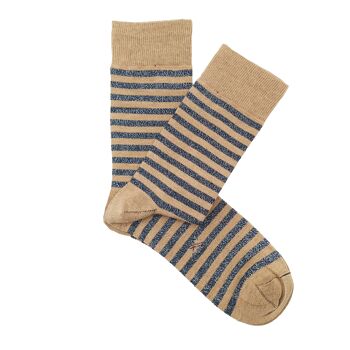 Miss Brilli Chaussettes basses Brilli fines rayures bleu marine camel 2