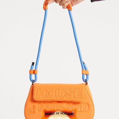 Bolso Saddle en naranja y azul con logo acolchado de House Of Holland