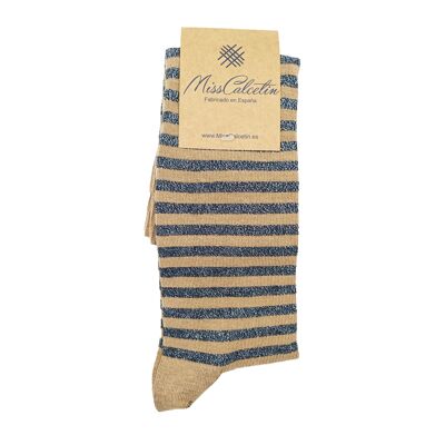 Miss Brilli Brilli Thin Stripe Navy-Camel High Top Socks