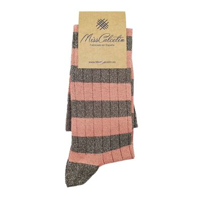 Miss Brilli Brilli Striped Coral-Taupe High Top Socks