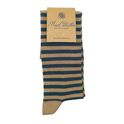 Miss Thin Stripe High Socks Midnight-Camel