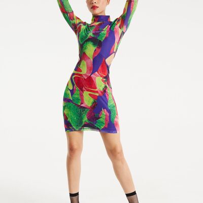 Miniabito House Of Holland con stampa multicolore astratta e dettagli ritagliati