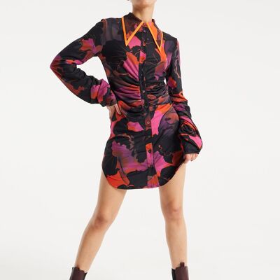 House Of Holland Abstract Wire Print Mesh Mini Shirt Dress With Buttons In Orange And Black