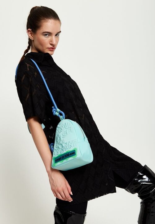 House Of Holland Cross Body Bag With Quilted Logo In Blue Tones And Rope Strap Detail
