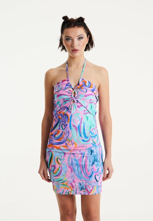 House Of Holland Heart Printed Mini Jersey Dress In Pink