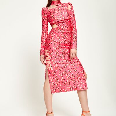 ROBE MIDI HOUSE OF HOLLAND FLAMME ROSE COULEURS CHOCORDANTES AVEC DÉTAILS DÉCOUPÉS