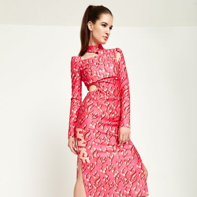 HOUSE OF HOLLAND MIDIKLEID IN PINK FLAME CLASING COLORS MIT AUSSCHNITTDETAILS