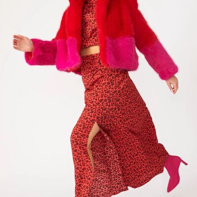 Red Pink Bamboo Faux Fur Double Cropped Coat