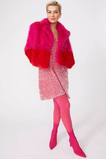 Manteau court double en fausse fourrure de bambou rouge rose 4