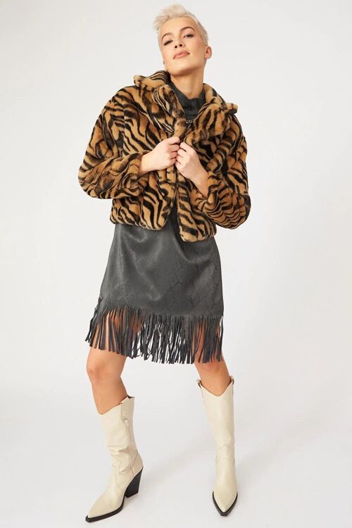Mocha Faux Fur Cropped Tiger Print Jacket