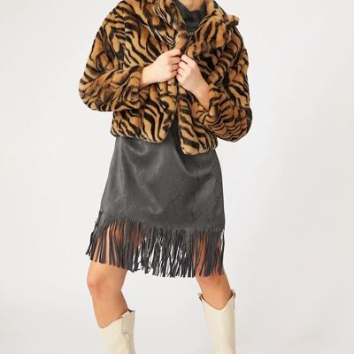 Mocha Faux Fur Cropped Tiger Print Jacket