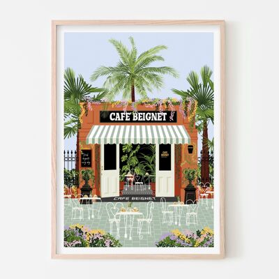 Café Beignet en Nueva Orleans Impresión de arte / Cartel de viaje colorido / Arte de la pared de la cocina
