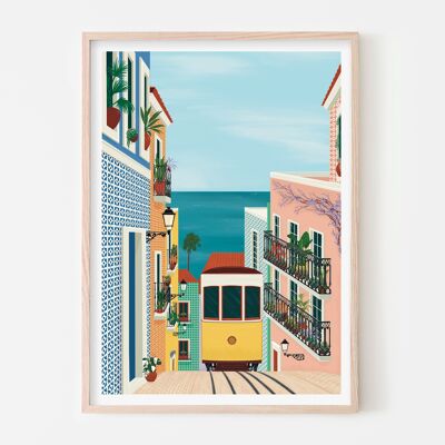 Impresión de arte del tranvía de Lisboa / cartel de viaje colorido / arte de la pared de la sala de estar