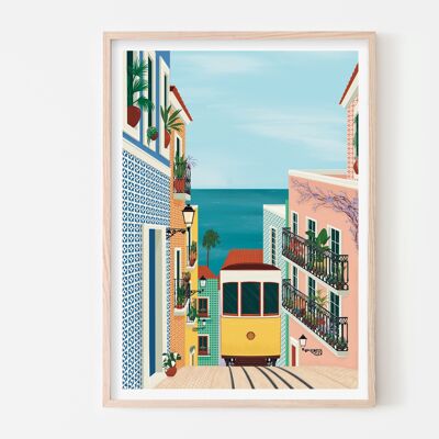 Impresión de arte del tranvía de Lisboa / cartel de viaje colorido / arte de la pared de la sala de estar