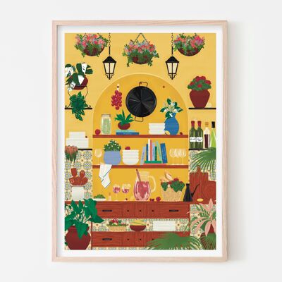 Spanish Kitchen Art Print / Illustrated Cooking Poster / Yellow Wall Art
