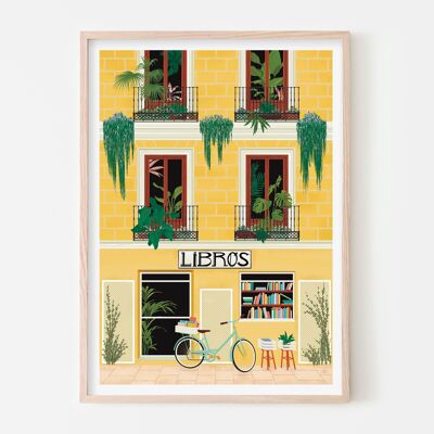 Stampa artistica della libreria Madrid Libros / Poster di viaggio colorato / Arte della parete della camera da letto