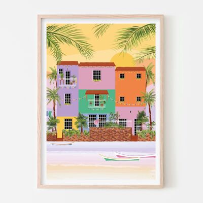 Arte delle case sulla spiaggia venezuelane / Poster di viaggio colorato / Decorazione della parete della scuola materna